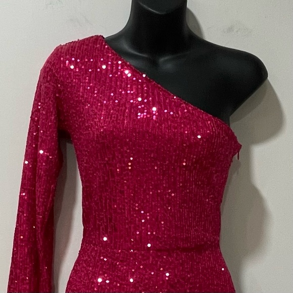 NWT Aqua Hot Pink Sequin Dress One Shoulder Prom Hoco Special Occasion Party - Picture 2 of 6